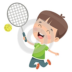 Cute Happy Kid Playing Tennis
