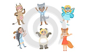 Cute Happy Kids Dressed Animal Costumes Set, Cow, Wolf, Butterfly, Hedgehog, Panda, Fox Vector Illustration