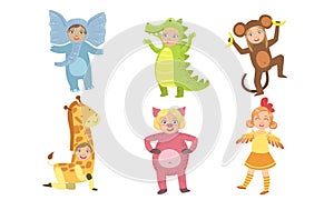 Cute Happy Kids Dressed Animal Costumes Set, Elephant, Crocodile, Monkey, Giraffe, Pig, Chicken Vector Illustration