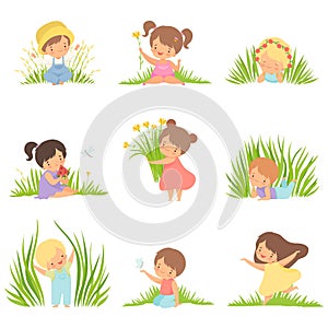 Cute Happy Kids Having Fun on Green Meadow Set, Adorable Little Boys and Girls Cartoon Characters Playing Outside Vector