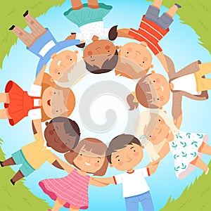 Cute Happy Kids Lying on Lawn in Circle, Adorable Children Holding Hands, Top View, Friendship Concept Cartoon Vector