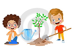 Cute happy kids planting saplings