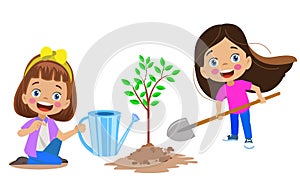 Cute happy kids planting saplings