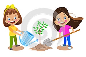 Cute happy kids planting saplings