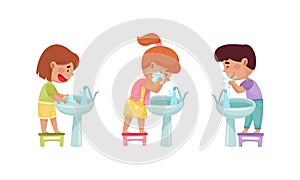 Cute happy kids daily routine set. Children washing their face and hands with soap cartoon vector illustration