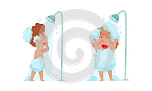 Cute happy kids daily routine set. Little boy and girl taking shower cartoon vector illustration