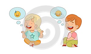 Cute happy kids sitting on floor expressing different emotions cartoon vector illustration