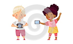 Cute happy kids taking photo using mobile devices cartoon vector illustration
