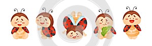 Cute Happy Ladybug with Spotted Wings Vector Set