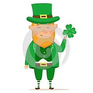 Cute and happy leperchaun with clover. St.Patrick 's Day. Vector Illustration on a white background photo