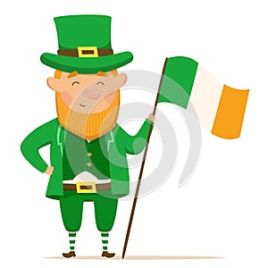 Cute and happy leperchaun with Irish flag. St.Patrick 's Day. Vector Illustration on a white background photo