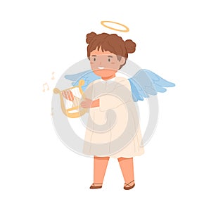 Cute happy little angel with halo and wings playing music on lyre. Smiling girl holding string instrument. Childish