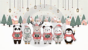 Cute happy little animals with red Santa hats and other festive clothing, singing Christmas carols