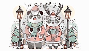 Cute happy little animals with red Santa hats and other festive clothing, singing Christmas carols in snowy street