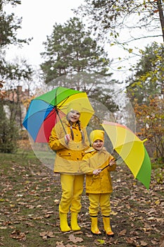 Cute happy little boy and a girl - brother and sister - in identical yellow costumes and hats walking in the forest with rainbow-