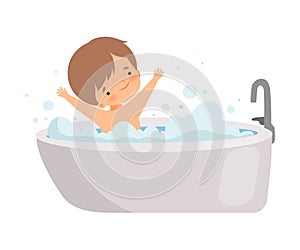 Cute Happy Little Boy Taking Bath in Bathtub Full of Foam, Adorable Kid in Bathroom, Daily Hygiene Vector Illustration