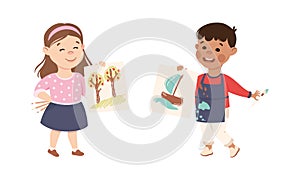 Cute happy little children painting on paper. Creative boy and girl showing their paintings cartoon vector illustration
