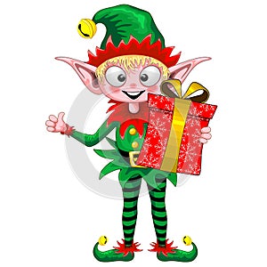 Elf Cute and Happy Cartoon Character Holding a Christmas Gift Box Vector Illustration isolated on white