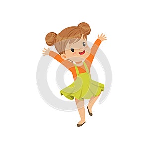 Cute happy little girl dancing in casual clothes vector Illustration on a white background