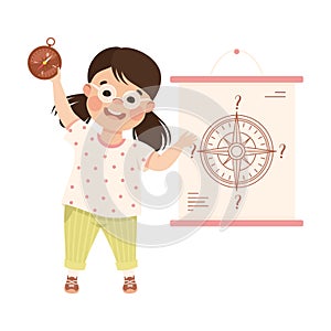 Cute happy little girl learning about compass tool. Preschool kid studying at geography lesson cartoon vector