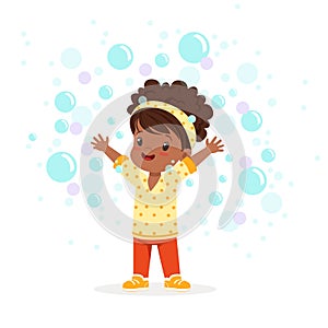 Cute happy little girl playing bubbles vector Illustration