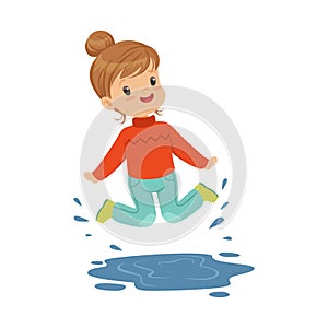 Cute happy little girl playing on a puddle wearing rubber boots cartoon vector Illustration