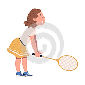 Cute happy little girl playing tennis. Side view of smiling kid with racket training on court cartoon vector