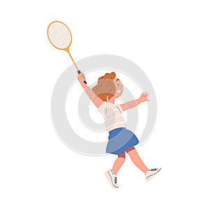 Cute happy little girl playing tennis. Smiling child with racket training on court cartoon vector illustration