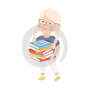 Cute happy little girl with stack of books. Preschool kid reading and learning cartoon vector illustration