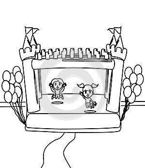 Cute happy little girls in a castle coloring page