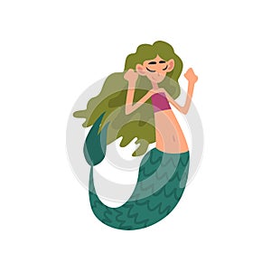 Cute Happy Little Green Haired Mermaid, Fairytale Mythical Girl Creature Cartoon Character Vector Illustration