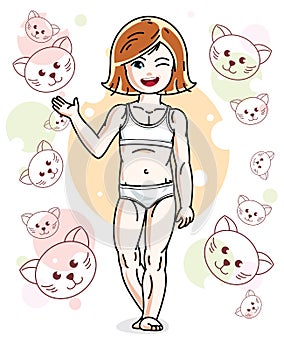 Cute happy little red-haired girl in underwear posing on background with kittens. Vector character. Sleep time theme.