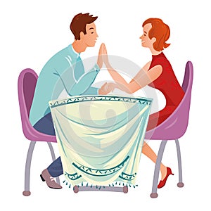 Cute happy loving couple of woman and man sitting in the cafe and holding hands. Vector illustration in flat cartoon