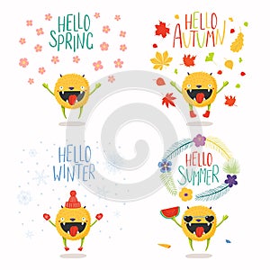 Cute happy monster four seasons set