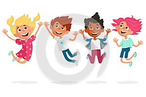 Cute happy multiracial kids jump