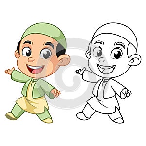 Cute Happy Muslim Boy Present Something with Line Art Drawing, Children, Vector Character Illustration Mascot in Isolated White