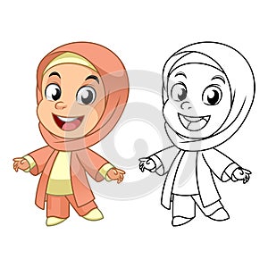 Cute Happy Muslim Girl Wearing Hijab with Line Art Drawing, Children, Vector Character Illustration Mascot in Isolated White