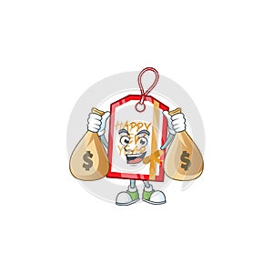 Cute happy new year tag cartoon character smiley with money bag