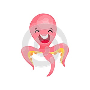 Cute happy octopus cartoon character, funny underwater animal vector Illustration