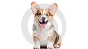 Cute happy Pembroke Welsh Corgi puppy on white background looks at the camera with copy space. AI