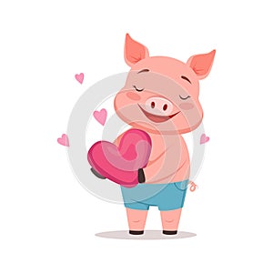 Cute happy pig holding pink heart, funny cartoon animal vector Illustration