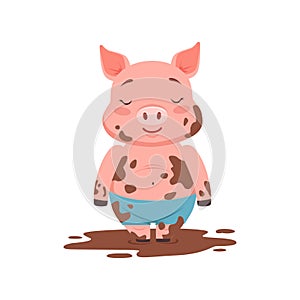Cute happy pig standing in a dirty pool, funny cartoon animal vector Illustration
