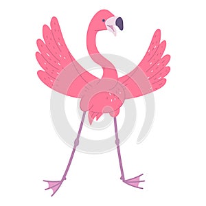 Cute happy pink flamingo. African bird cartoon flat illustration.