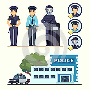Cute happy police woman agents working in uniform Vector officer with car and station in flat style flat set