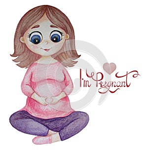 Cute happy pregnant woman in pink sitting and doing yoga with her hands on her stomach in the shape of a heart. White