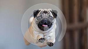 Cute Happy Pug Dog Jumping. AI Generative