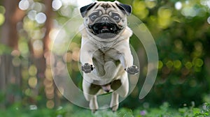 Cute Happy Pug Dog Jumping. AI Generative
