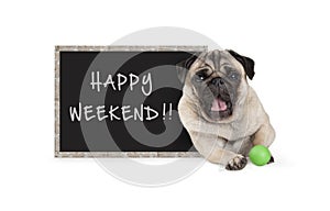 Cute happy pug puppy dog with green ball and blackboard sign with text happy weekend