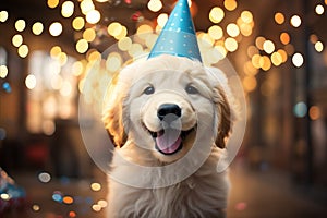Cute happy puppy celebrating in birthday hat surrounded by blurry confetti background