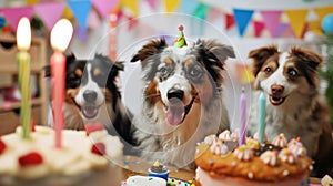 cute happy puppy dogs with a birthday cake celebrating